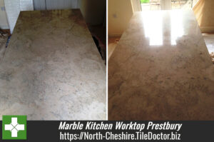 Putting the shine back on a Marble kitchen worktop in Prestbury